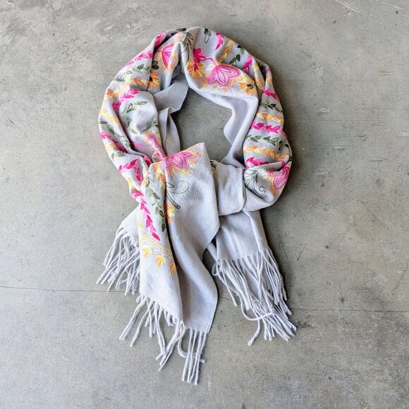 Gray Pink Yellow Embroidered Cashmere Wool Oversized Scarf Shawl - Picture 1 of 8